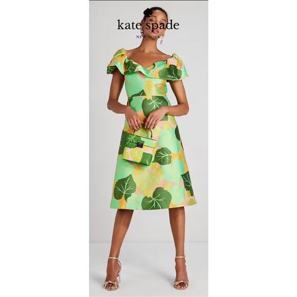 NWT Kate Spade L38810 Women's Green Cucumber Floral Flounce Dress Size 6 - Picture 4 of 8